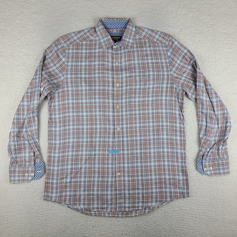 Johnston Murphy Shirt Mens Medium Blue Orange Plaid Cotton Dress Button Up